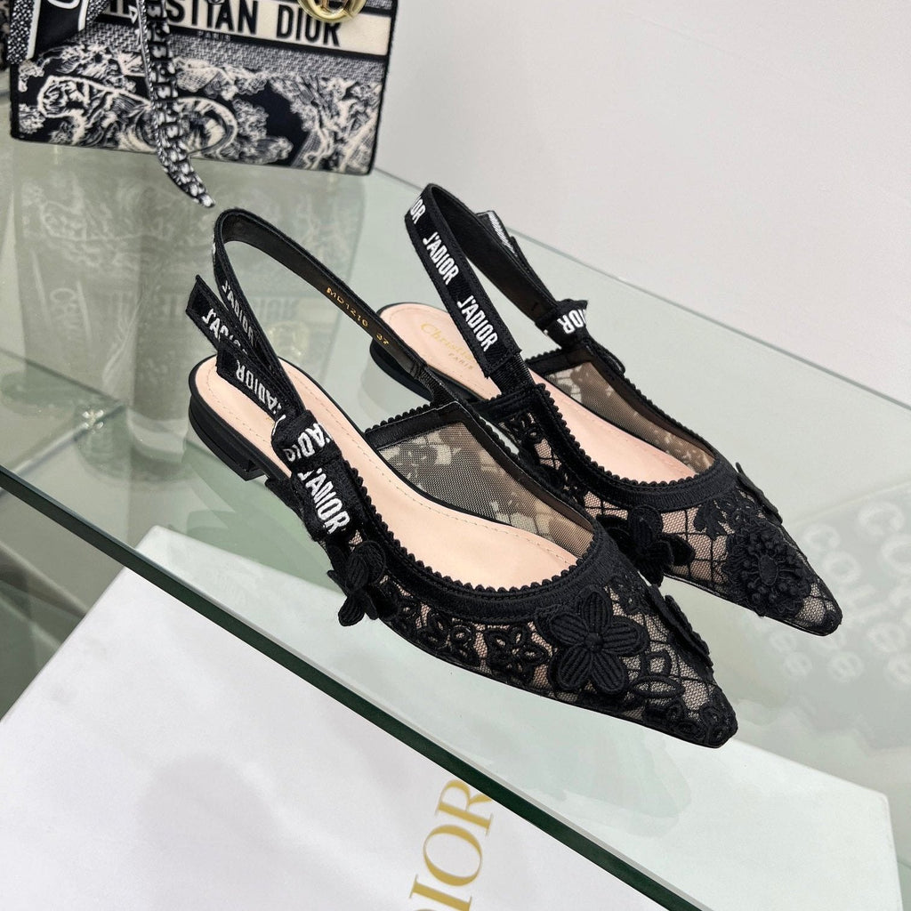 J'Adior Slingback Pump In Black Floral Embroidered Lace Fabric 100848