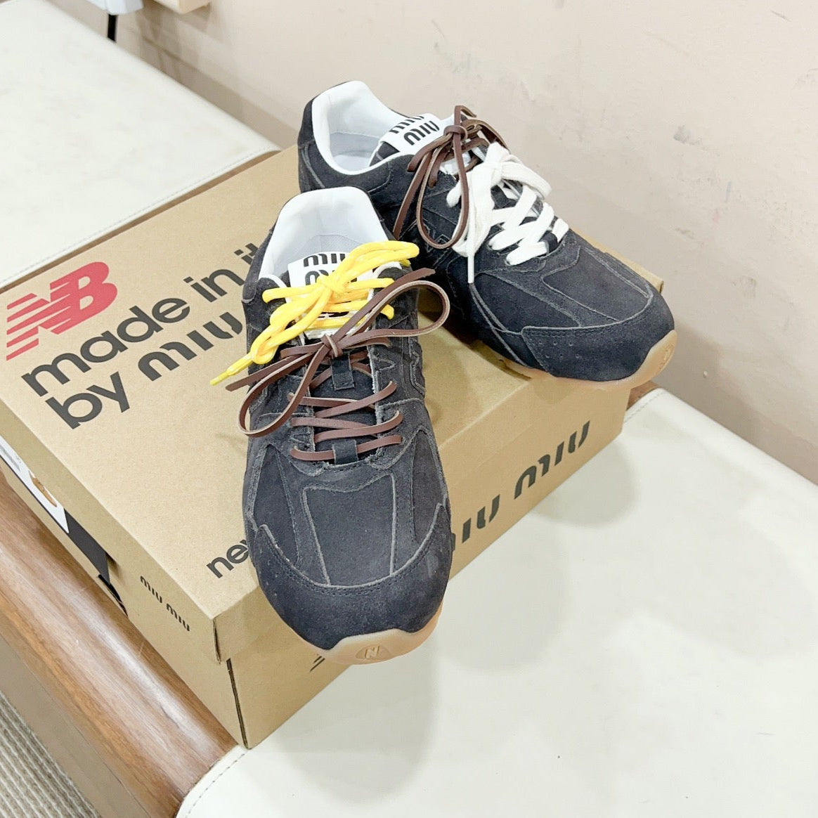 Miu Miu   x New Balance Sneakers Dark Gray Yellow Cowhide Suede