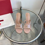 80mm Rockstud Patent Rose Cannelle Leather Mules Transparent