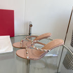 80mm Rockstud Patent Rose Cannelle Leather Mules Transparent