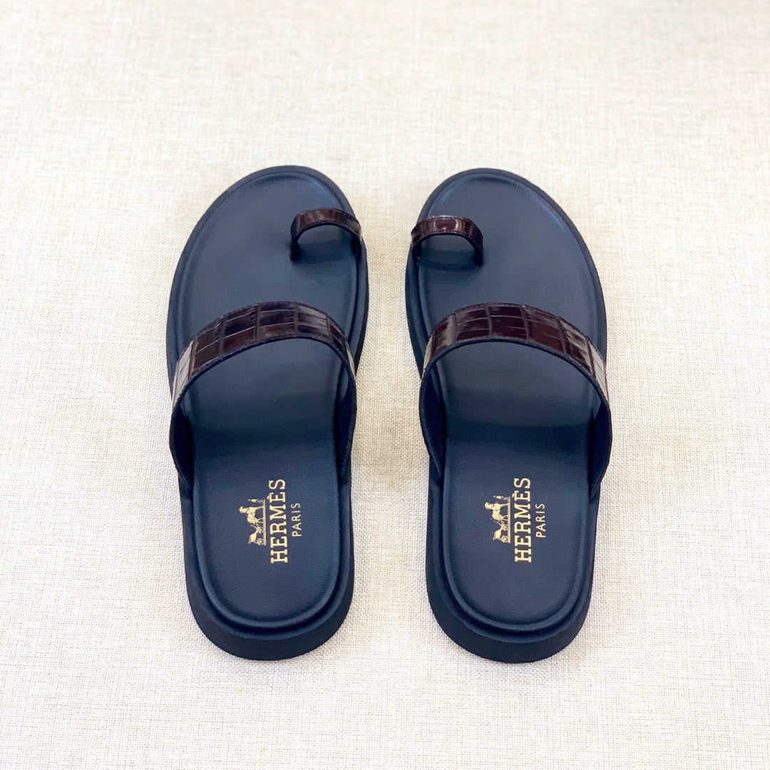 HM Men's Open-toe Sandals Brown Rubber Sheepskin 561659