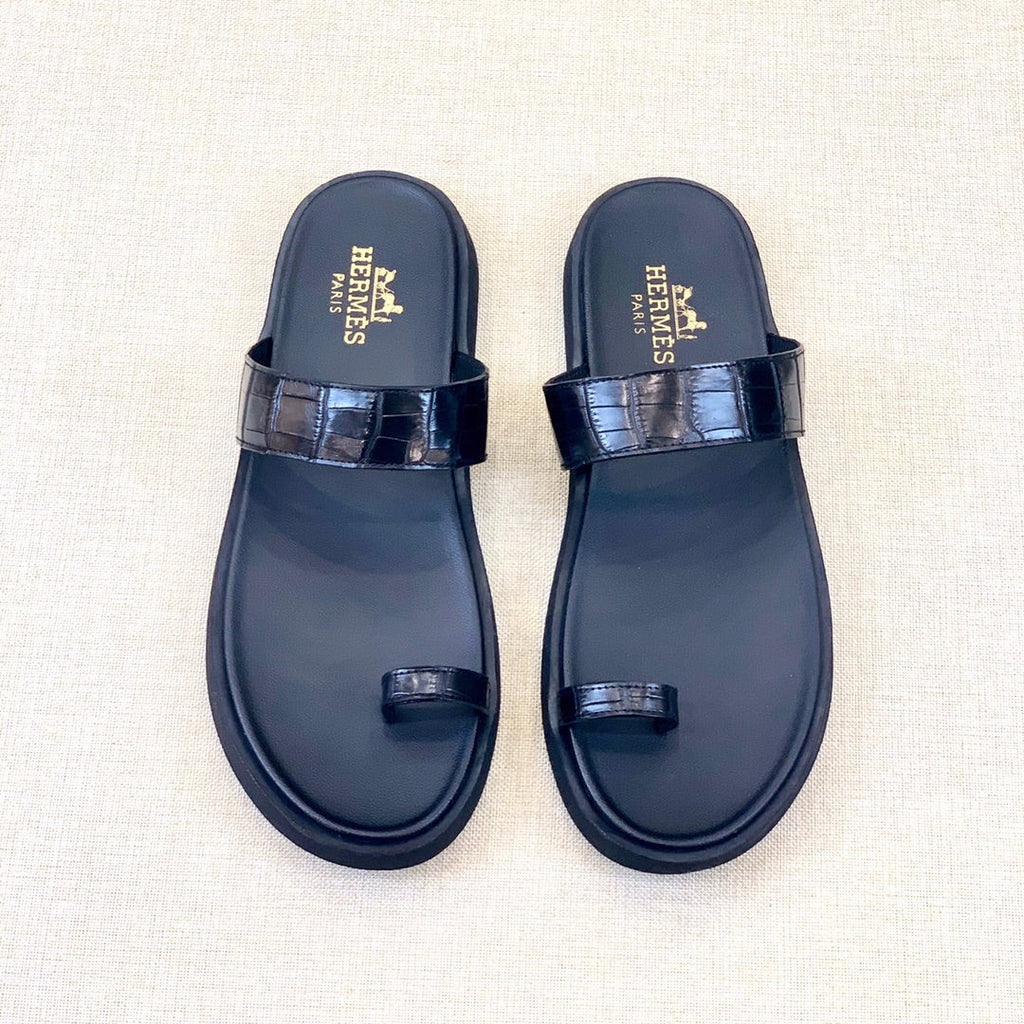 HM Men's Open-toe Sandals Black Rubber Sheepskin 561660