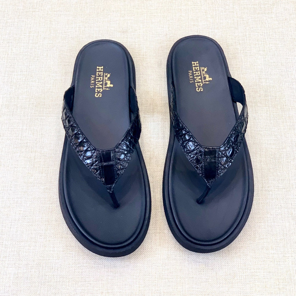 HM Men's Thong Sandals Black Rubber Sheepskin 561664