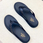 HM Men's Thong Sandals Black Rubber Sheepskin 561664