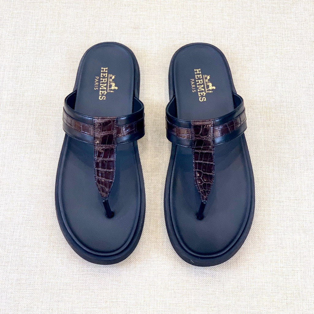HM Men's Thong Sandals Brown Black Rubber Sheepskin 561666