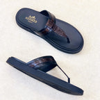 HM Men's Thong Sandals Brown Black Rubber Sheepskin 561666