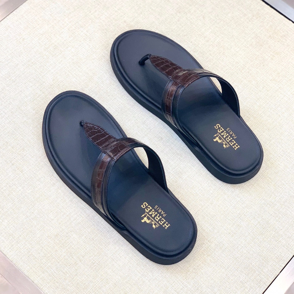 HM Men's Thong Sandals Brown Black Rubber Sheepskin 561666