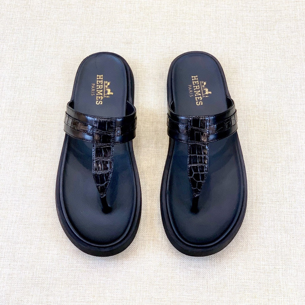 HM Men's Thong Sandals Black Rubber Sheepskin 561667