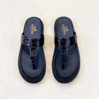 HM Men's Thong Sandals Black Rubber Sheepskin 561667