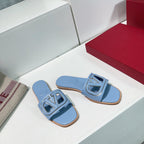 Vlogo Cut-Out Sky Blue Calfskin Slide Sandal
