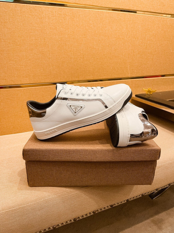 PRA SNEAKER IN WHITE CALFSKIN WITH GLOSSY GOLDEN