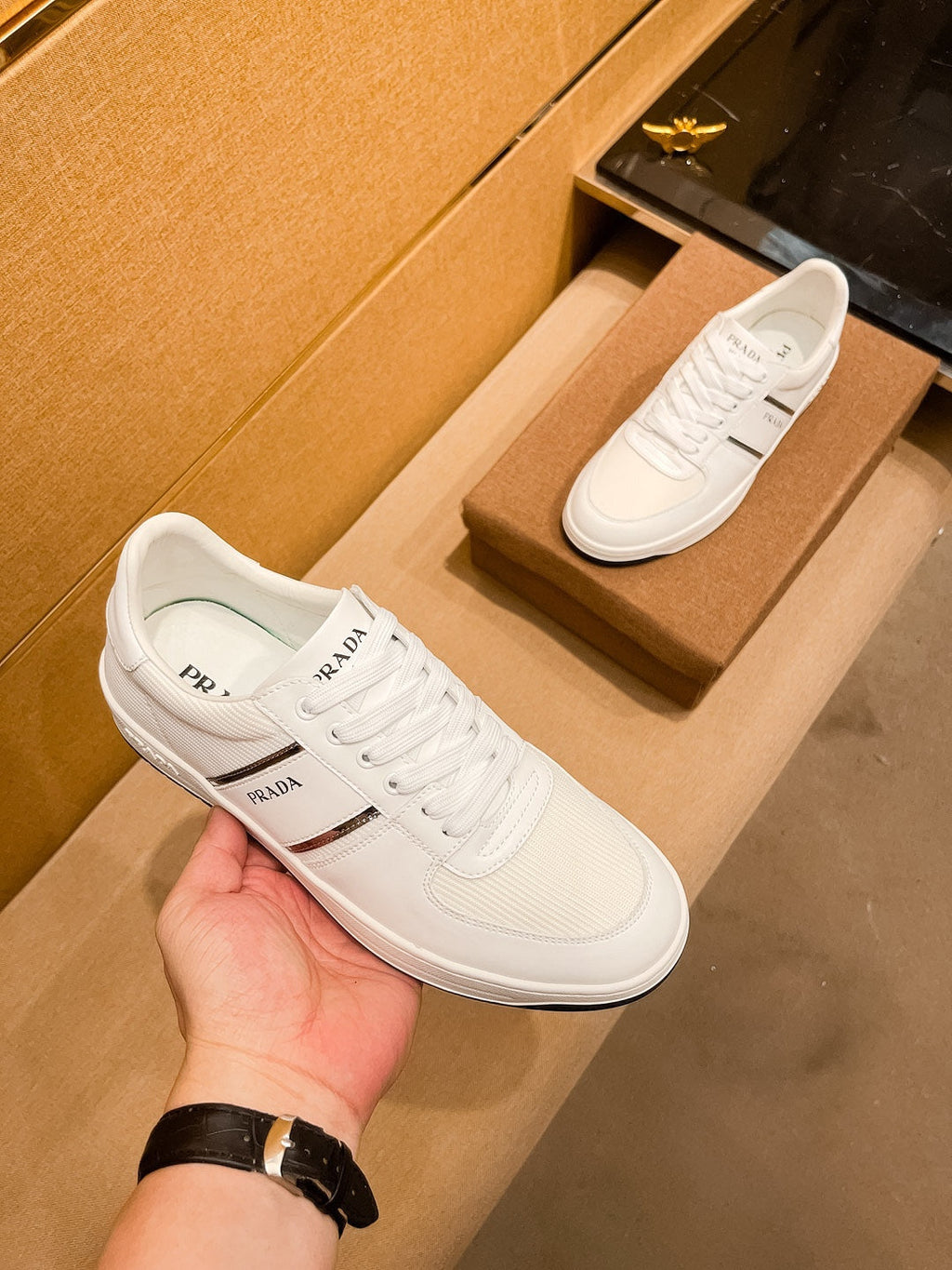 PRA SNEAKER IN WHITE CALFSKIN AND MESH BREATHABLE FABRIC