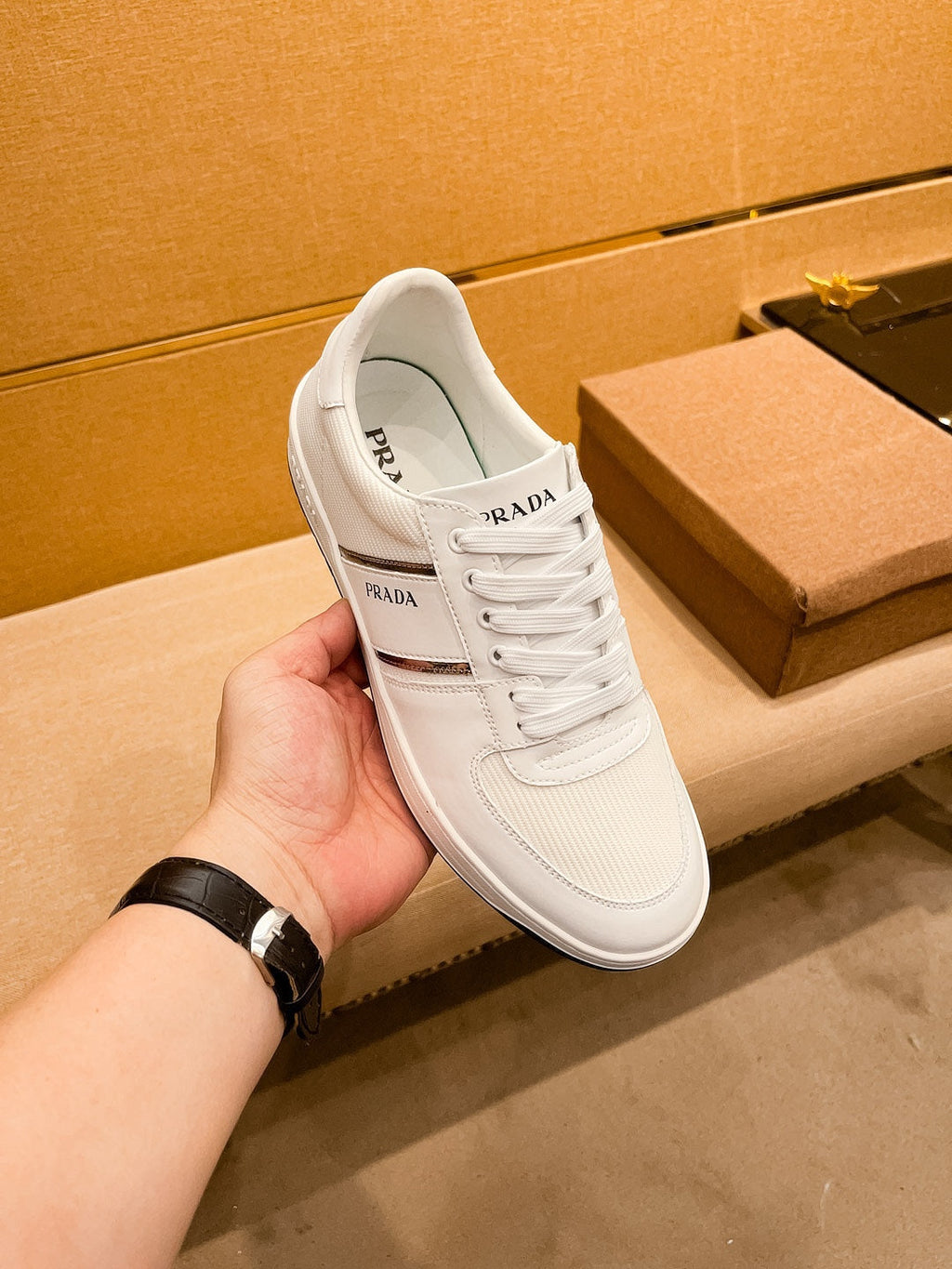 PRA SNEAKER IN WHITE CALFSKIN AND MESH BREATHABLE FABRIC