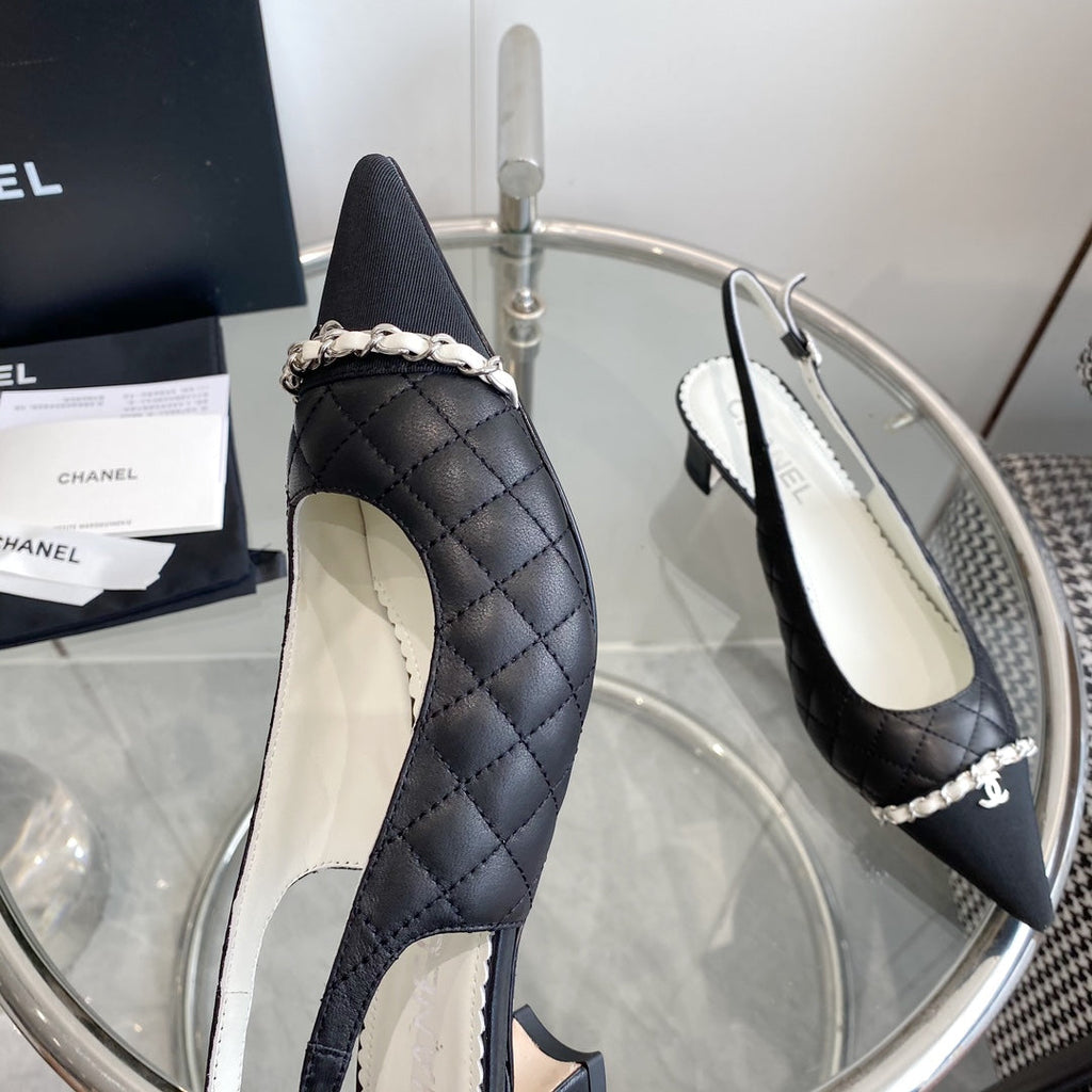 cc slingback pumps 45 black quilted lambskin black grosgrain pointed toe 582849