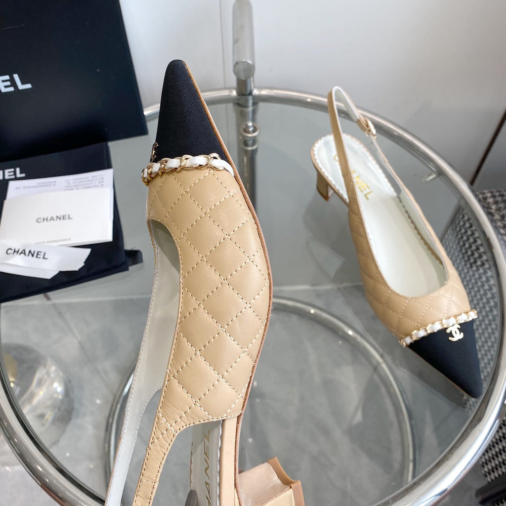 cc slingback pumps 45 beige quilted lambskin black grosgrain pointed toe 582850