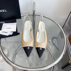 cc slingback pumps 45 beige quilted lambskin black grosgrain pointed toe 582850