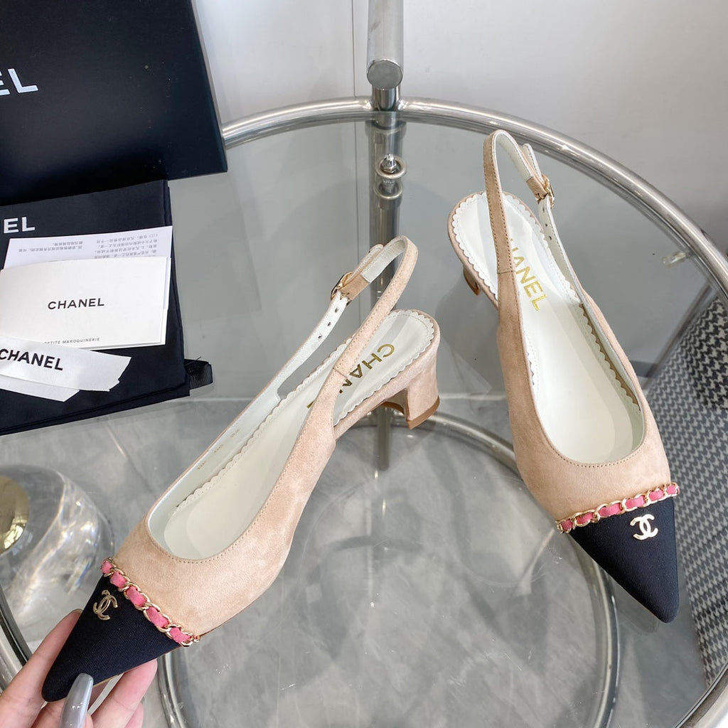 cc slingback pumps 45 beige seude black grosgrain point toe 582852