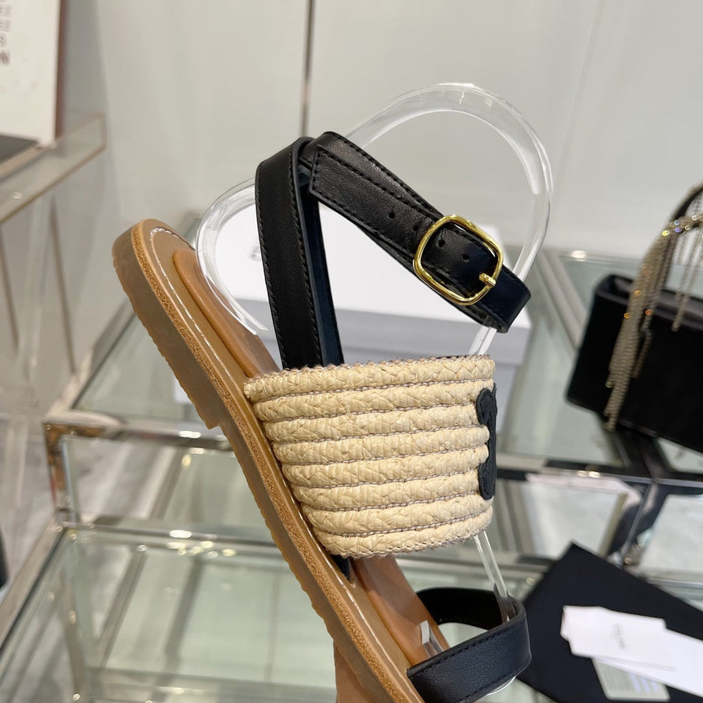 LYMPIAR FLAT STRAP SANDAL IN RAFFIA CALFSKIN BLACK BEIGE