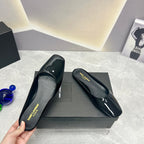 SL SQUARE TOE FLAT MULES BLACK POLISHED CALFSKIN