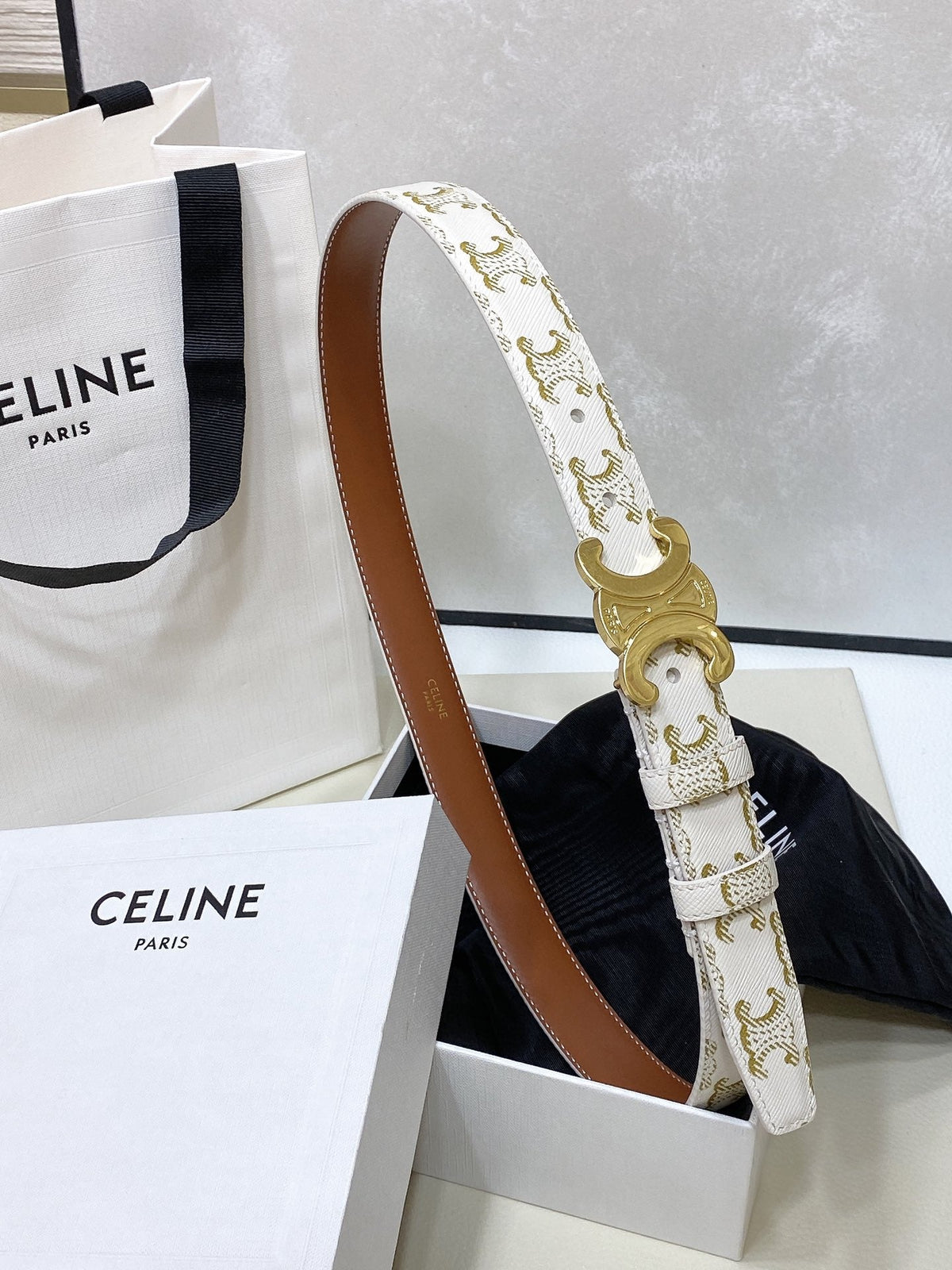 CEL Medium Triomphe Belt in Taurillon Monogram White Leather 175193