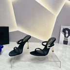 SL CRYSTAL BUCKLE HIGH HEELS BLACK SATIN