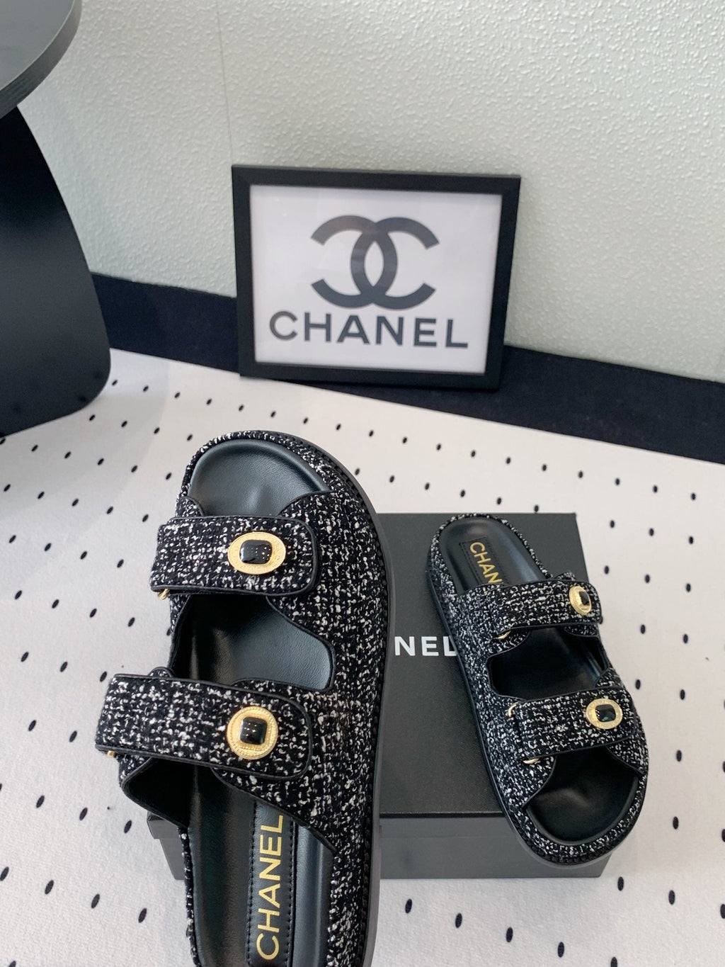 dad sandal mule black white tweed