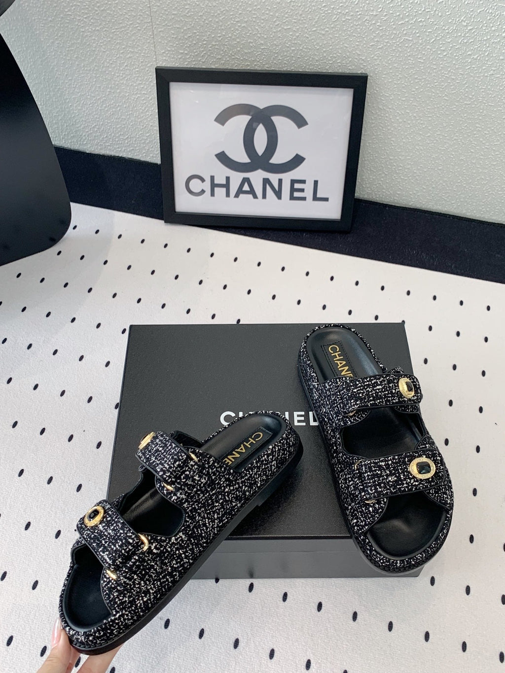 dad sandal mule black white tweed