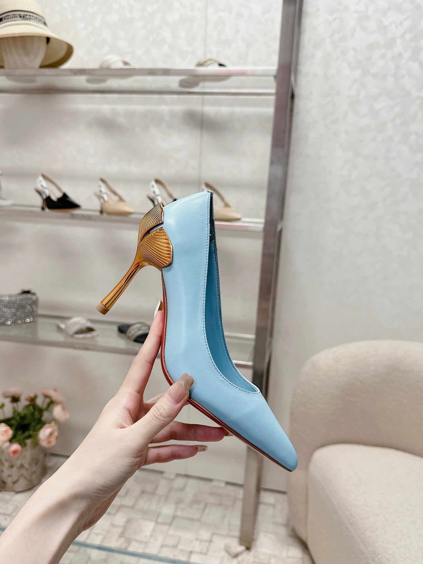CL 25s Ginko Pumps 85mm Light Blue Cowhide & Sheepskin 446636
