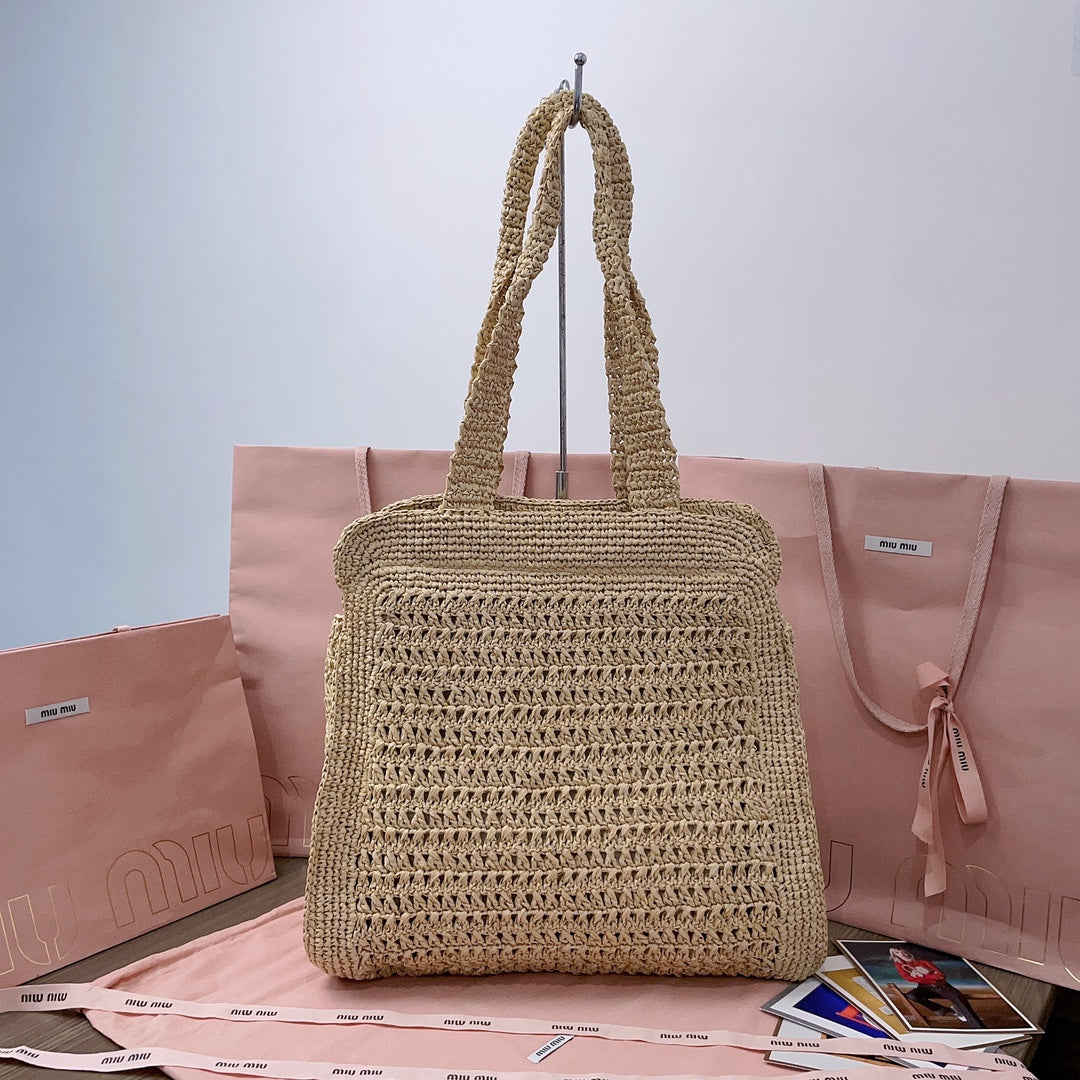 miu tote bag 38cm beige woven fabric