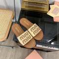 Miu 25S Beige and Gold Canvas and leather slides 678740