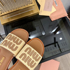 Miu 25S Beige and Gold Canvas and leather slides 678740