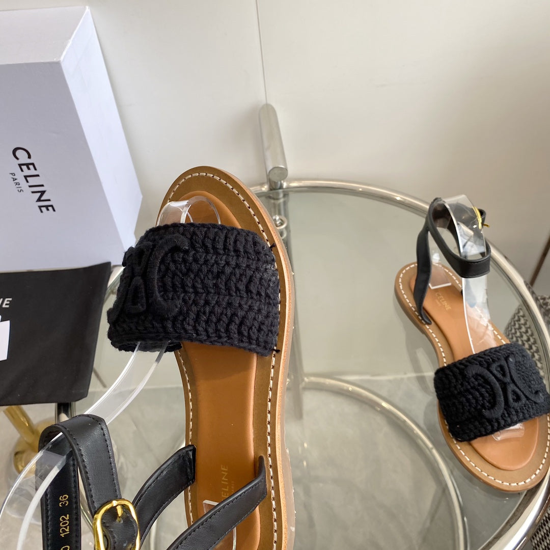 LYMPIA SANDAL IN BLACK TRIOMPHE MACCRAMÉ COTTON AND CALFSKIN