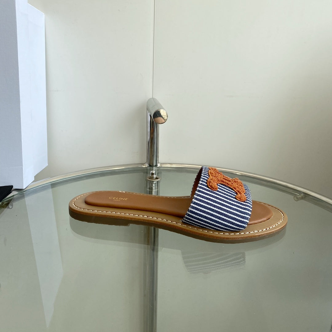 CELINE 25 Slippers Blue Stripe Orange Denim 285981