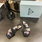 PRA PRINTED SLIDES SLIPPERS BLACK SATIN