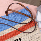 TOTE BAG 40 IN STRIPED PATTERN OF LIGHT BLUE ORANGE AND CREAM WHITE WOVEN RAFFIA