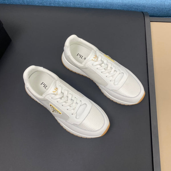 PRA SNEAKER IN WHITE CALFSKIN AND FABRIC WITH GOLDEN LOGO