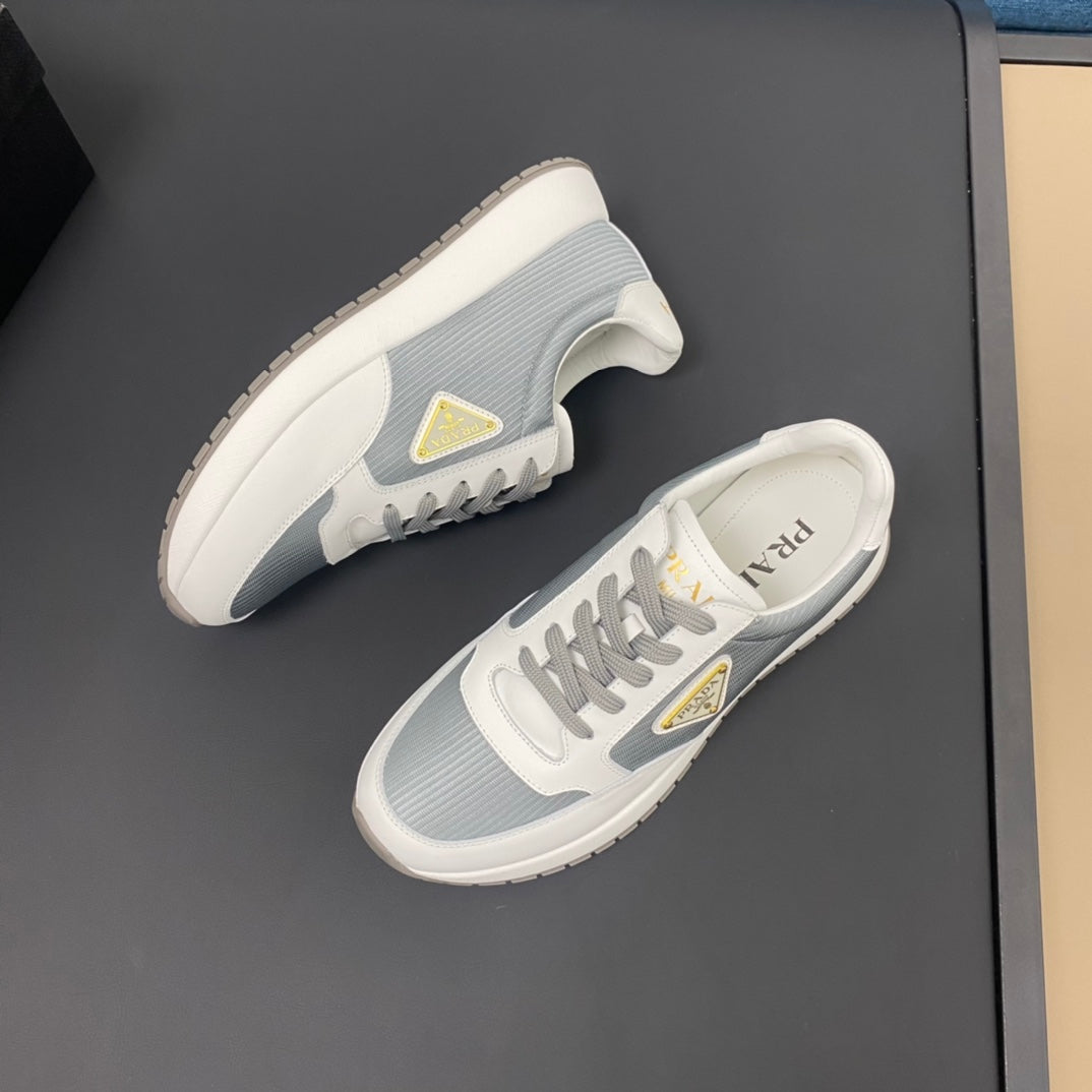 PRA SNEAKER IN WHITE CALFSKIN AND SILVER FABRIC WITH GOLDEN LOGO
