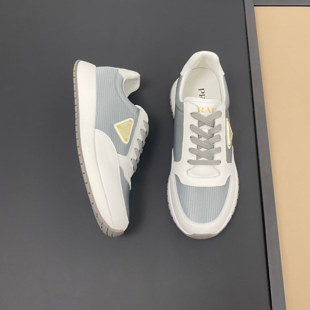 PRA SNEAKER IN WHITE CALFSKIN AND SILVER FABRIC WITH GOLDEN LOGO