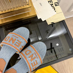 FENDI BAGUETTE SIGNATURE SLIDE IN LIGHT BLUE DENIM AND BROWN CALFSKIN