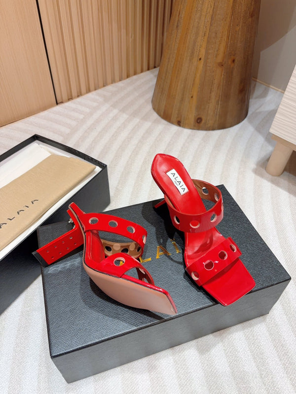 ALAIA TWO-STRAPS HIGH HEEL SANDALS IN CHERRY RED PATENT LAMBSKIN