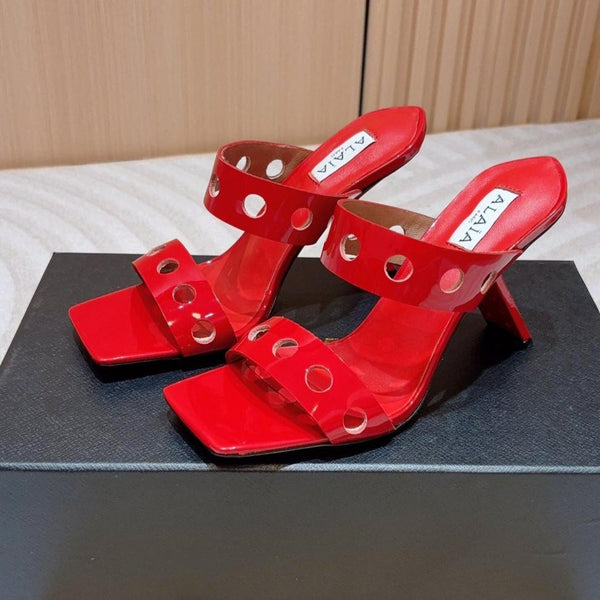 ALAIA TWO-STRAPS HIGH HEEL SANDALS IN CHERRY RED PATENT LAMBSKIN