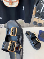 PRA STRAP SLIDES SANDALS GLOSSY BLACK CALFSKIN