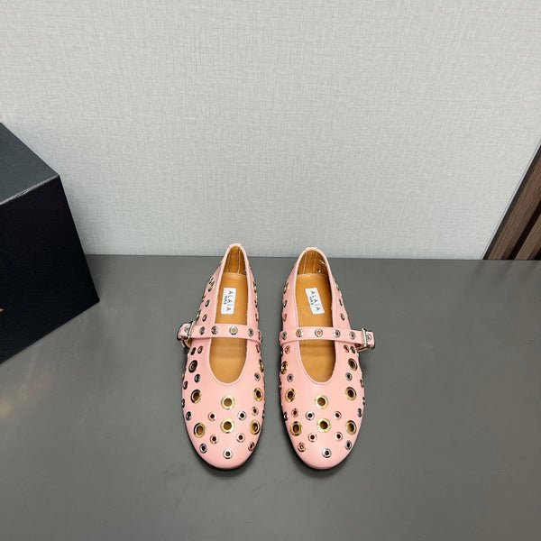 ALAIA MARY JANE SHOES IN LIGHT PINK LAMBSKIN GOLD MIX SILVER HARDWARE