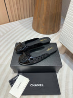 cc mule black tweed sequin black patent calfskin