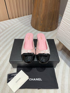 cc mule pink tweed sequin black patent calfskin