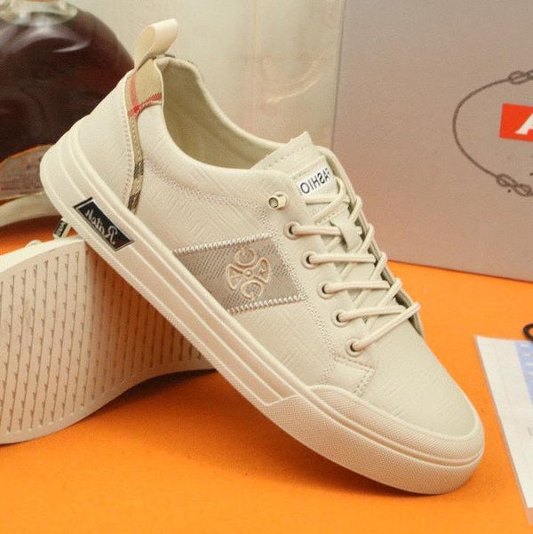 PRA TRAINER IN BEIGE CREAM CALFSKIN AND TAN EMBROIDERED FABRIC