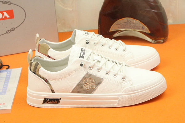 PRA TRAINER IN WHITE CALFSKIN AND TAN EMBROIDERED FABRIC