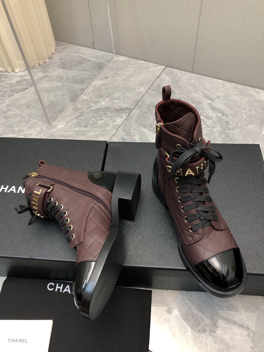 CC Short Boots 45mm In Brown Red Mix Black Quilted Lambskin And Glossy Cowhide 950033