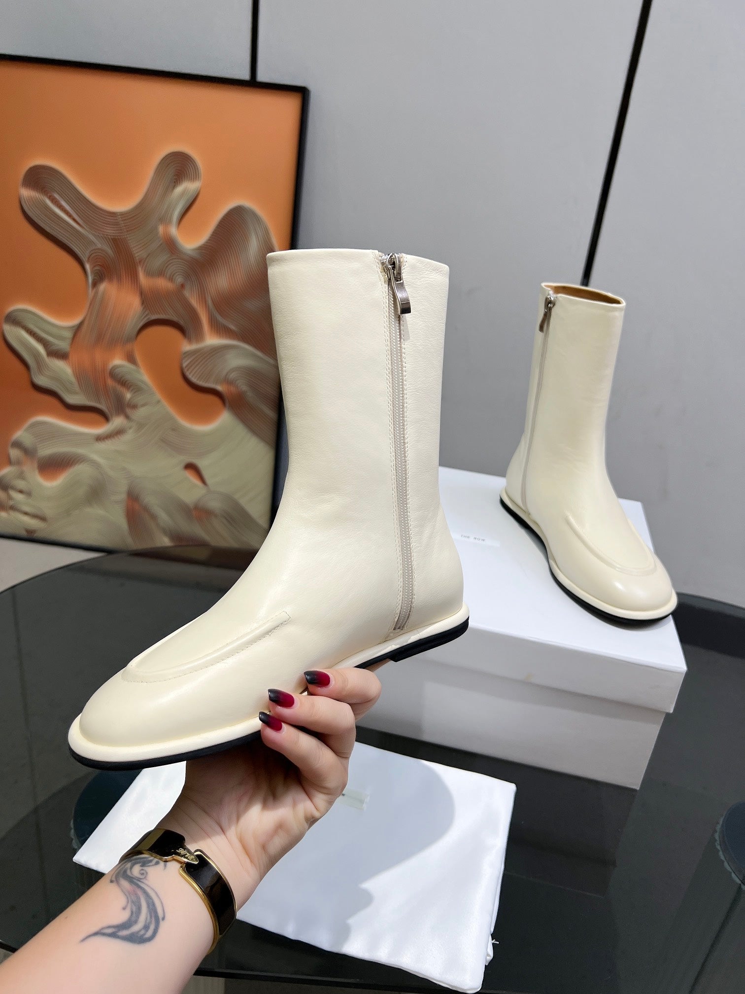 The Row Canal Boots Cream Cowhide 455038