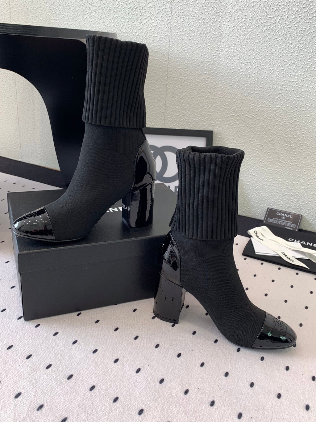 CC Short Boots 85mm Black Wool Mix Glossy Cowhide 938068